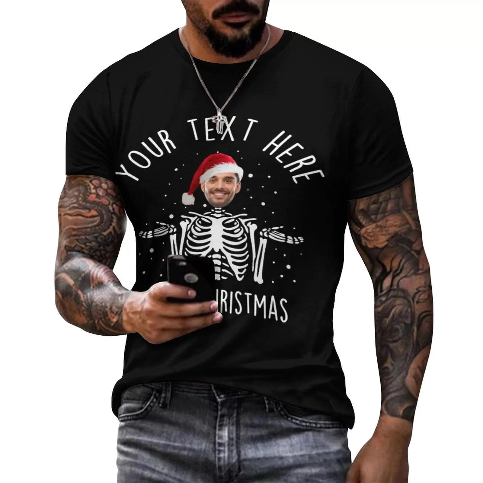 Slim Fit Cotton T-Shirt-Custom Face Skeleton Christmas Red Hat Pure Slim Fit Cotton T-Shirt Personalized Men's All Over Print Short Sleeve T-Shirt