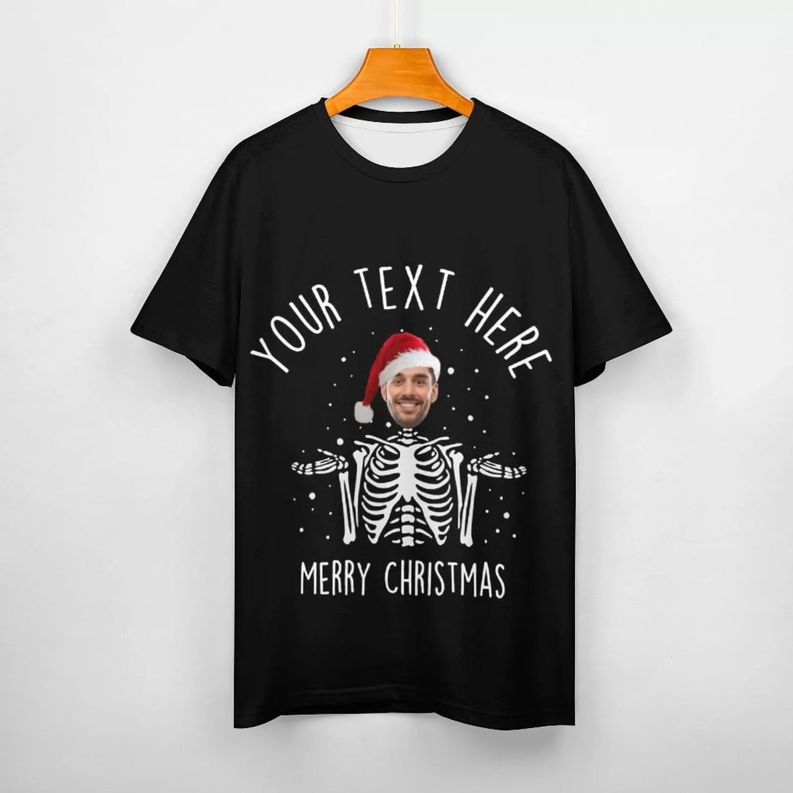 Slim Fit Cotton T-Shirt-Custom Face Skeleton Christmas Red Hat Pure Slim Fit Cotton T-Shirt Personalized Men's All Over Print Short Sleeve T-Shirt