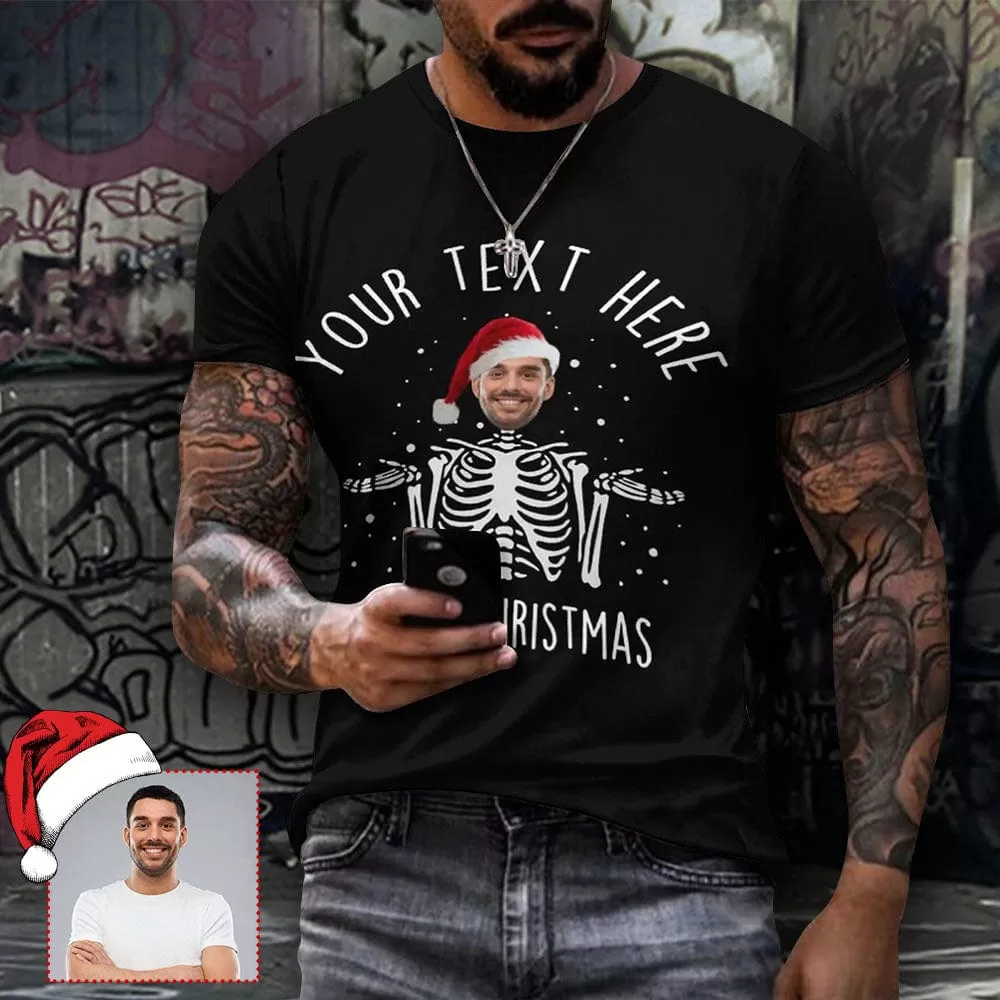 Slim Fit Cotton T-Shirt-Custom Face Skeleton Christmas Red Hat Pure Slim Fit Cotton T-Shirt Personalized Men's All Over Print Short Sleeve T-Shirt