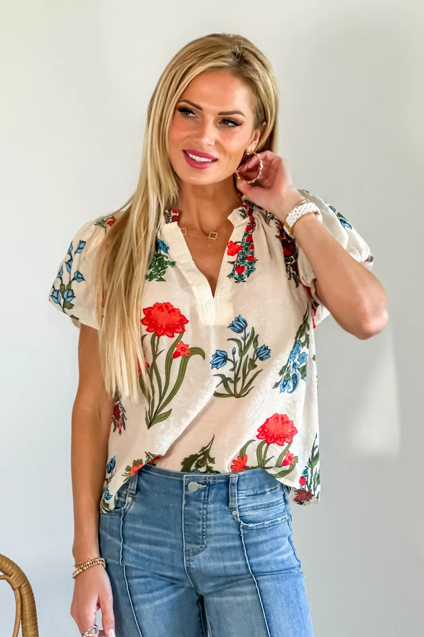 Stems Flower Print Top : Cream