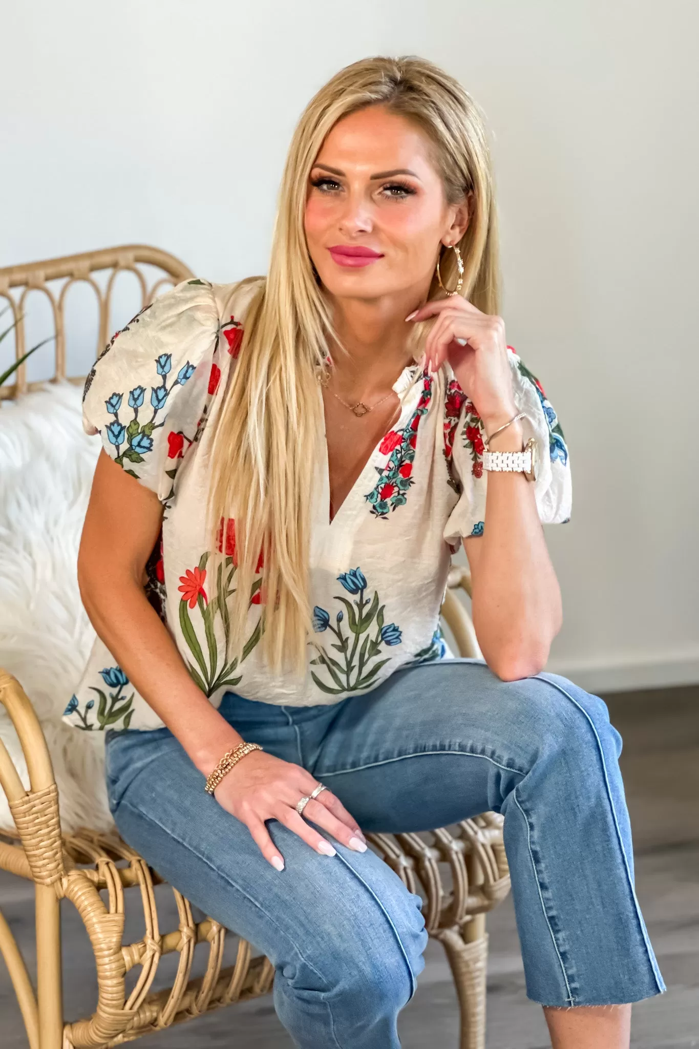 Stems Flower Print Top : Cream