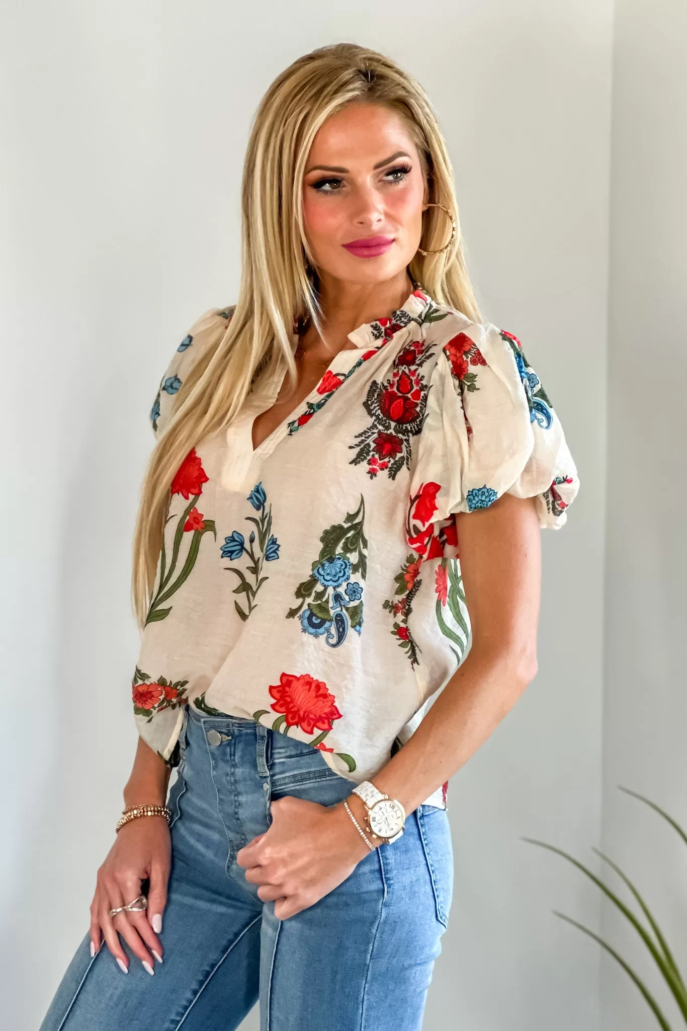 Stems Flower Print Top : Cream