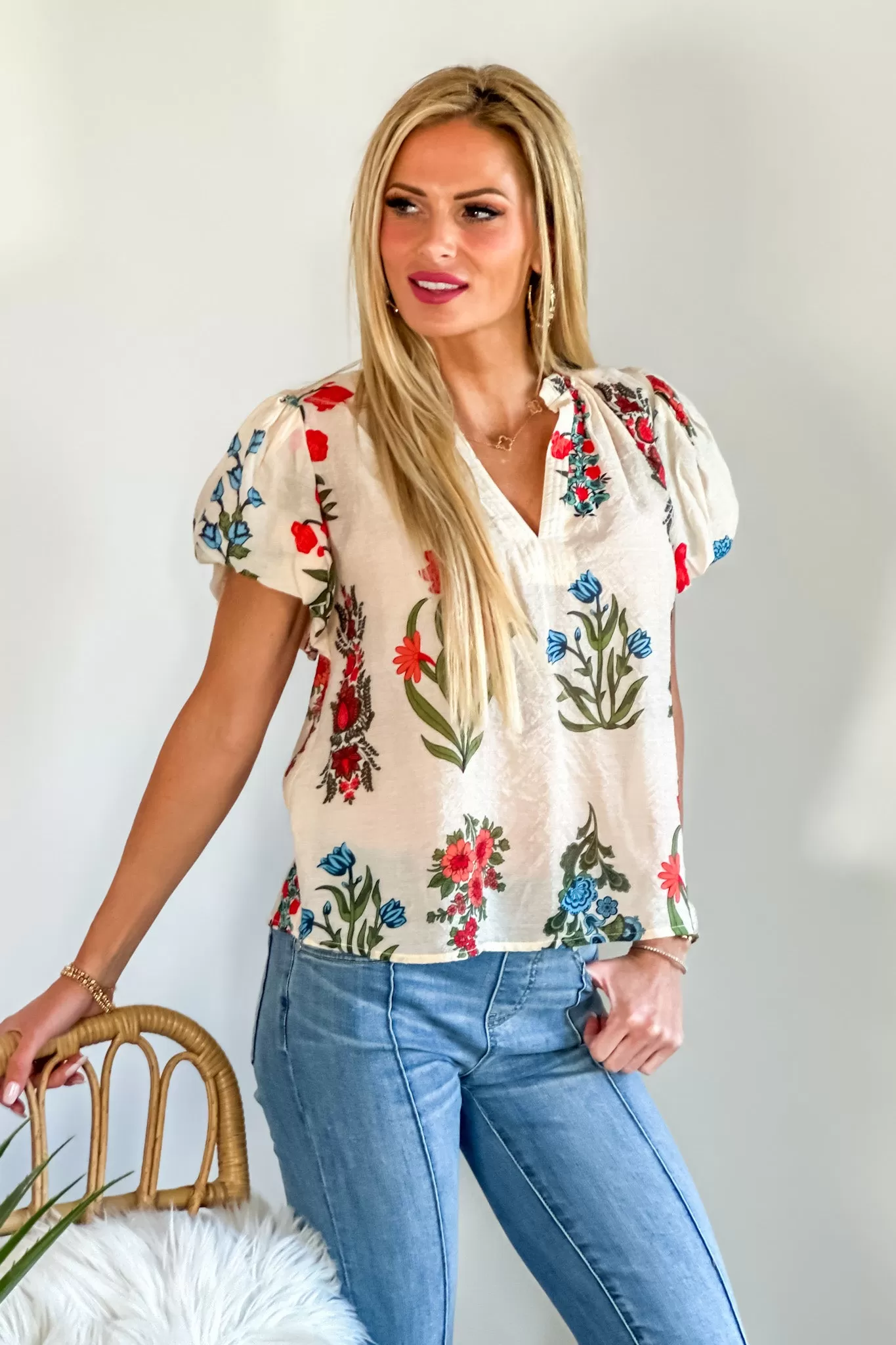 Stems Flower Print Top : Cream