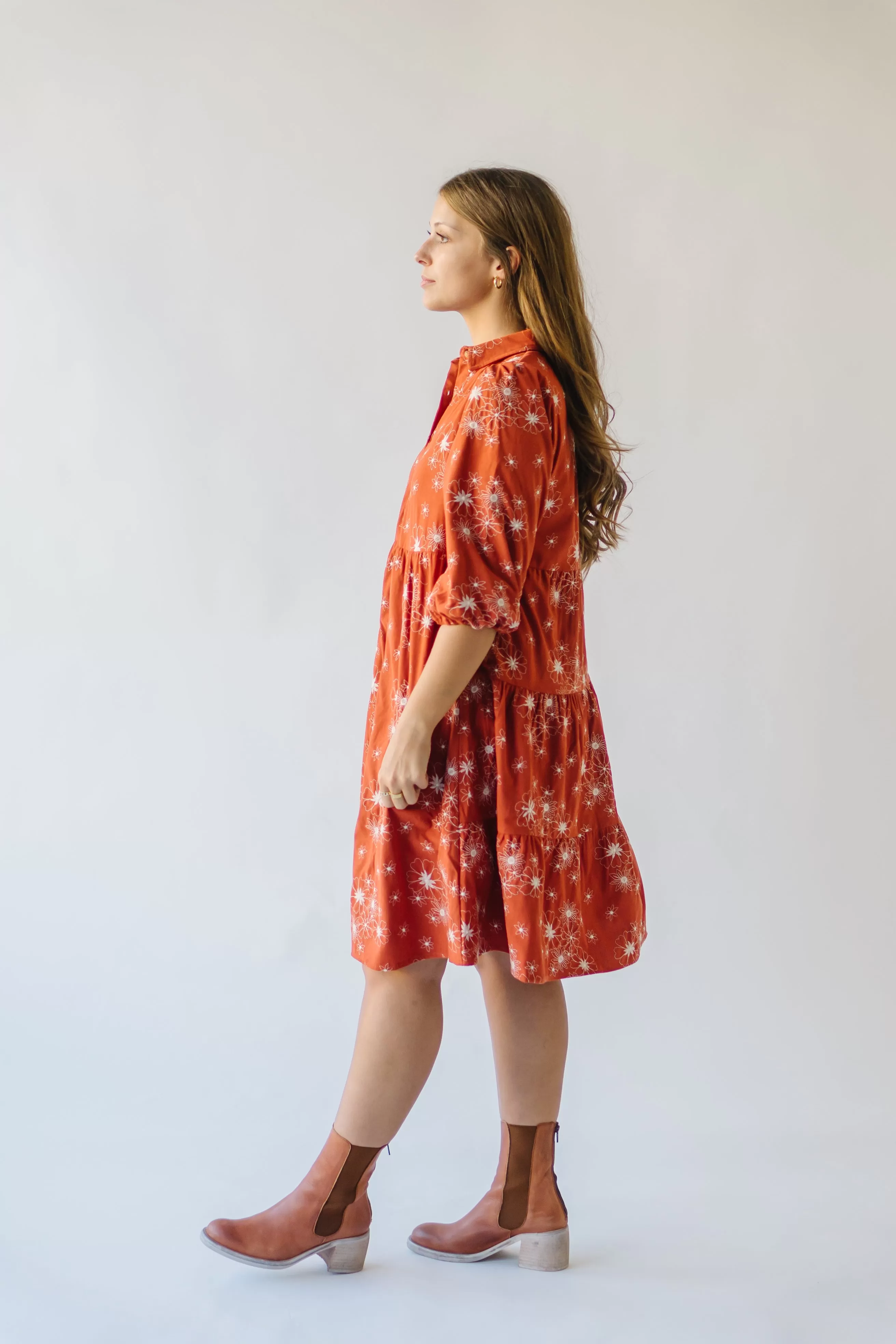 The Kailen Button-Down Patterned Dress in Rust