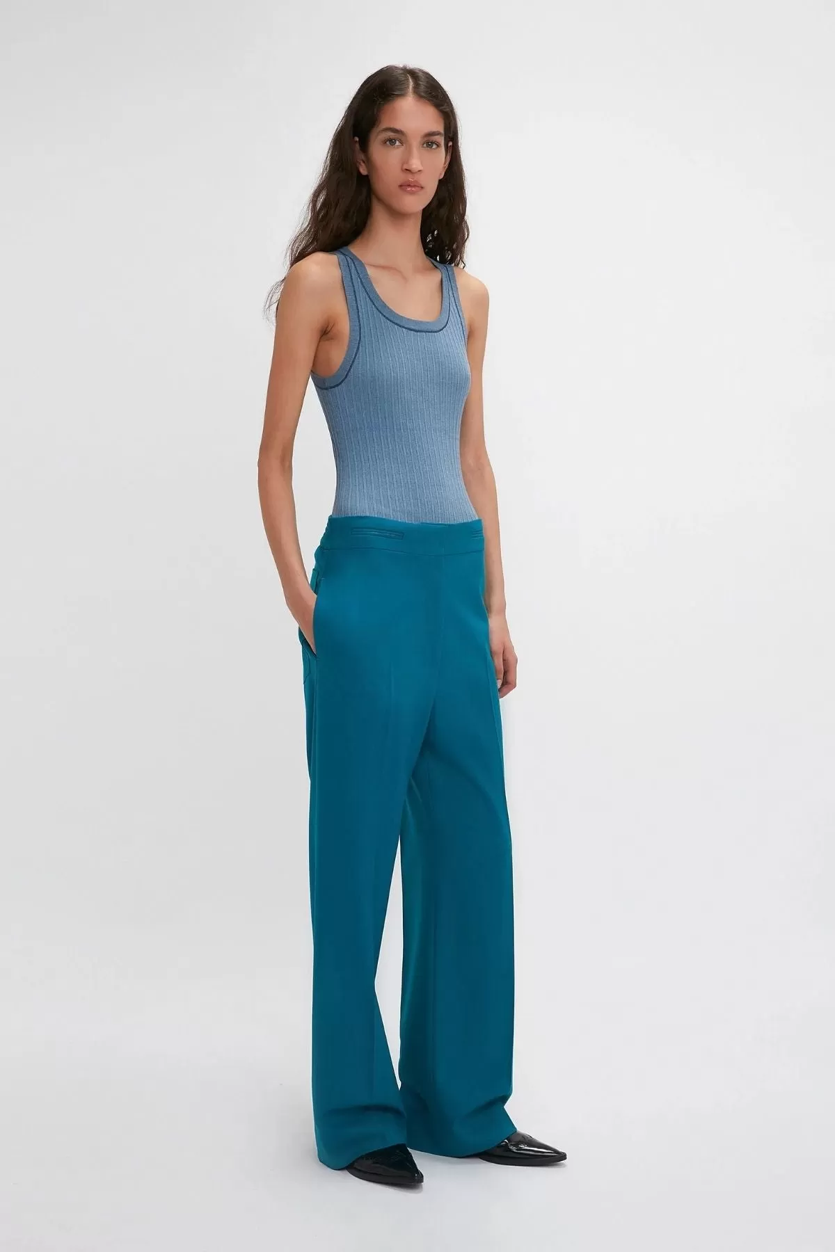 Victoria Beckham Waistband Detail Straight Leg Trouser - Petroleum