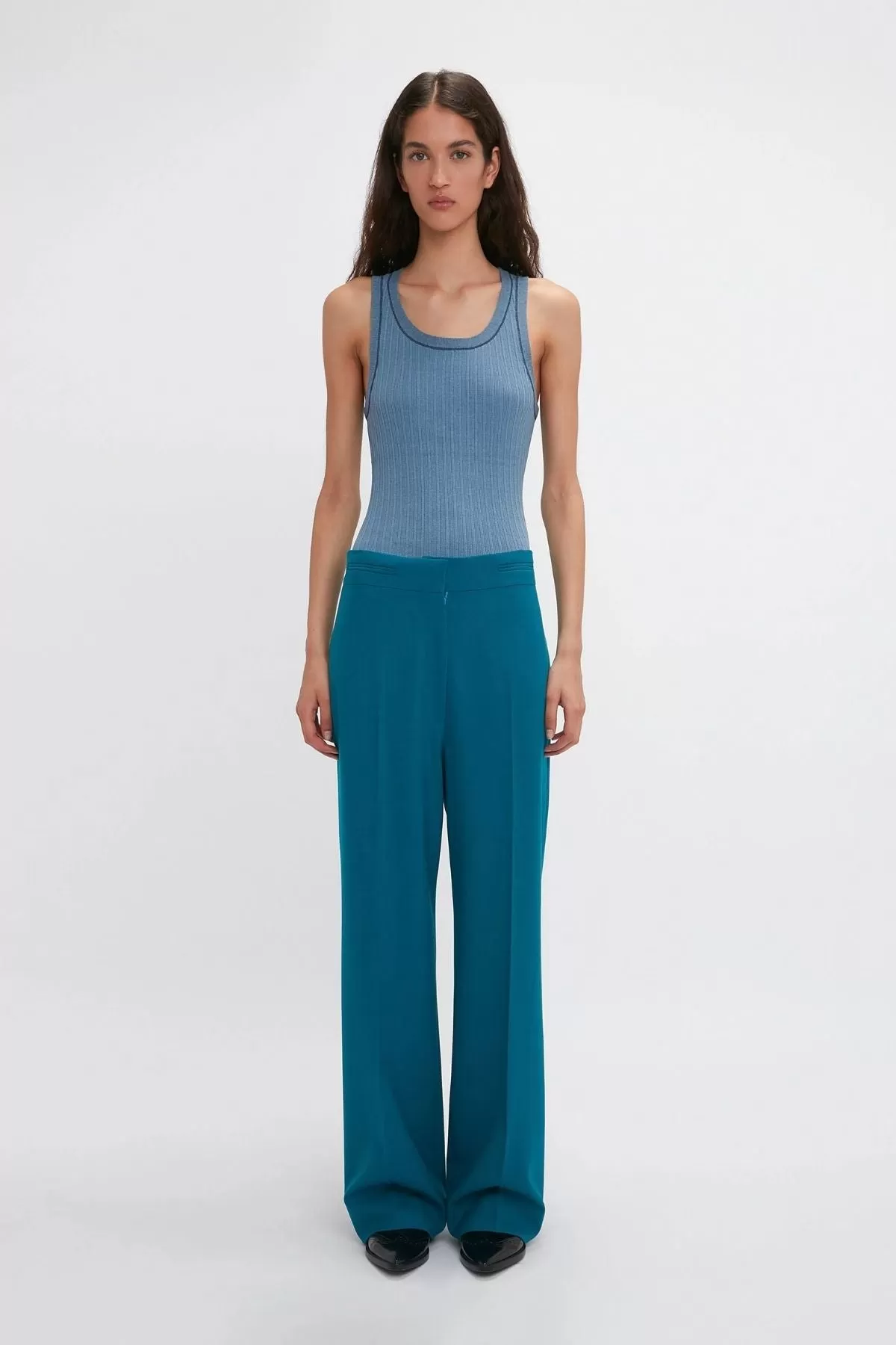 Victoria Beckham Waistband Detail Straight Leg Trouser - Petroleum