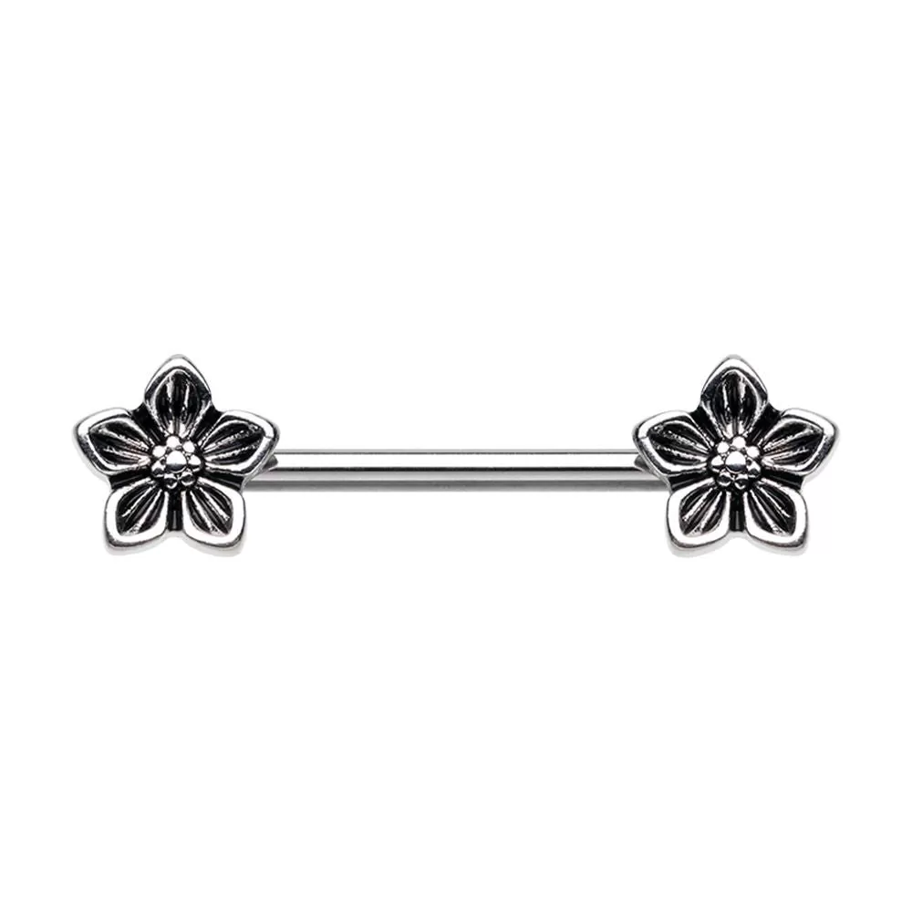 WILDKLASS Antique Stainless Steel Heirloom Flower Nipple Barbell Ring