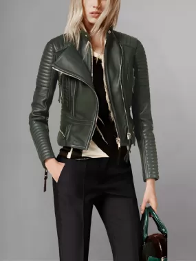 Women Lambskin Stylish Motorcycle Green Leather Jacket