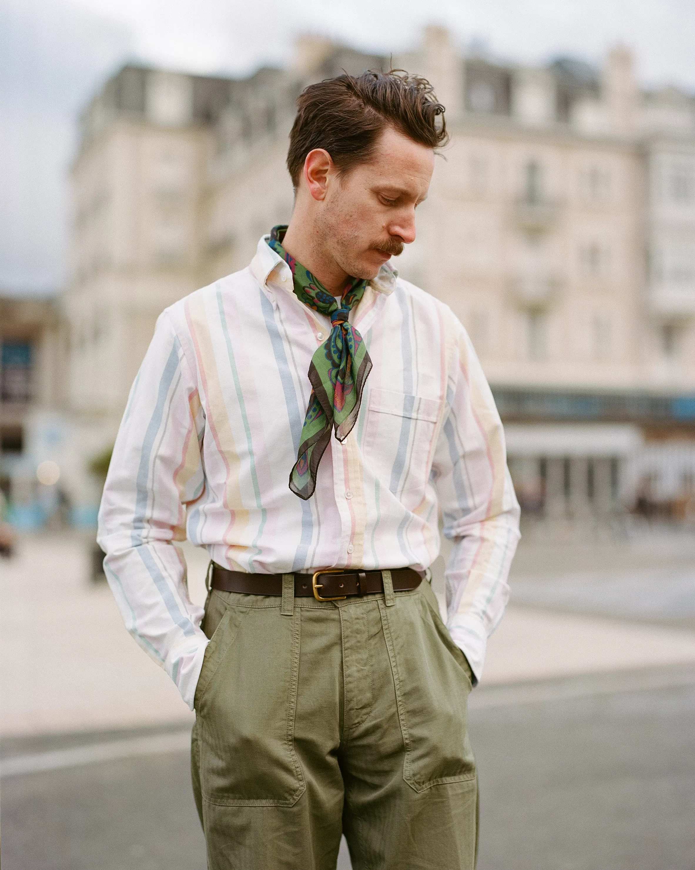 Yellow, Pink and Blue Stripe Cotton Oxford Cloth Button-Down Shirt