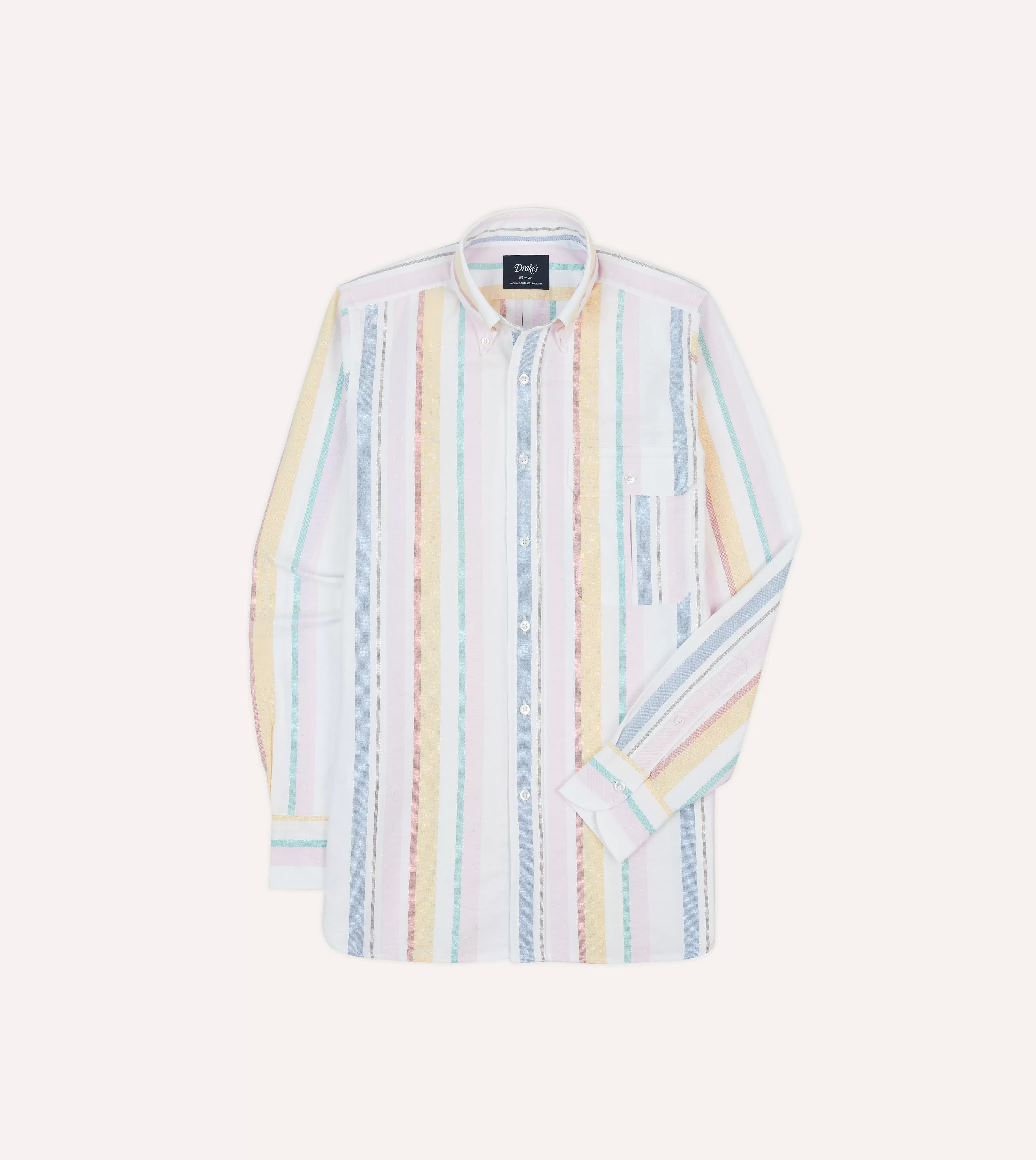 Yellow, Pink and Blue Stripe Cotton Oxford Cloth Button-Down Shirt