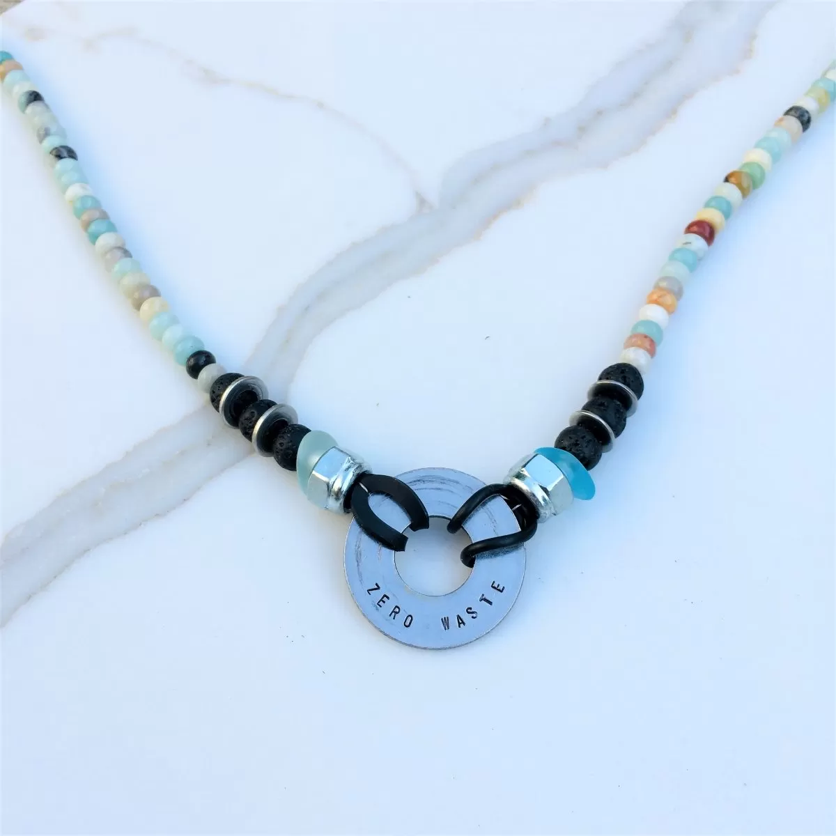 Zero Waste Necklace with Amazonite and Lava Stones